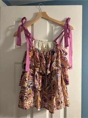 By Together Pink Tie-Shoulder Paisley Ruffle Tank Top